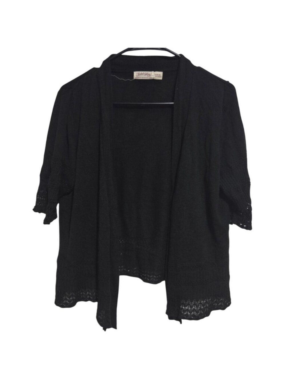 Womens Black Open Front Cardigan Size Large Crochet Trim Sheer Knit Lagenlook
